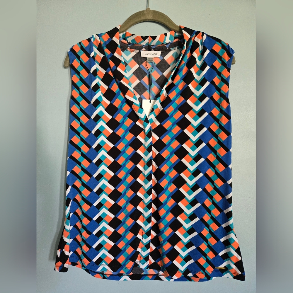 Calvin Klein Blue and Orange Sleeveless Graphic Blouse Sz L NWT